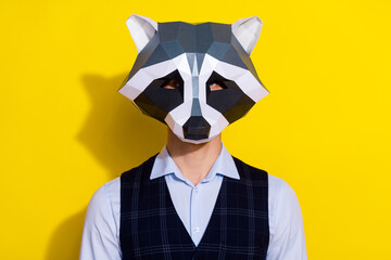 Photo of successful manager agent employee wear raccoon polygonal mask vest isolated yellow color...