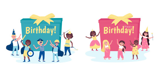 Set with children, boys and girls with a gift in carnival costumes for their birthday. To participate in the holiday, the guys changed into the costumes of the heroes. Flat vector illustration.