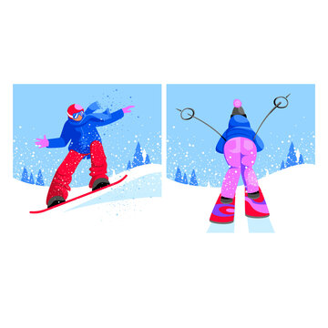 snowboarding and skiing. a snowboarder. skier. winter sports. vector set of images