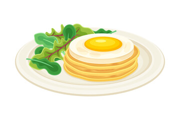 Tasty food dishes for breakfast. Pancakes with fried egg and greenery vector illustration