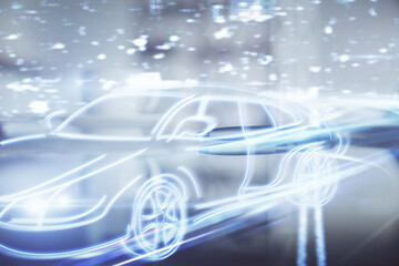 Obraz premium Double exposure of a car hologram over coffee cup background in office. Concept of autopilot