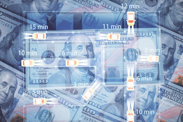 Double exposure of tech theme drawing over usa dollars bill background. Concept of autopilot ai.