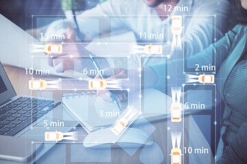 Double exposure of auto mobile theme drawing over people taking notes background. Concept of autopilot
