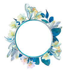 Hand-drawn round frame of watercolor white lilies and blue leaves. Isolated on a white background, for wedding, Christmas, Easter and other holiday greetings, labels and publications