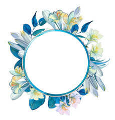 Hand-drawn round frame of watercolor white lilies and blue leaves. Isolated on a white background, for wedding, Christmas, Easter and other holiday greetings, labels and publications