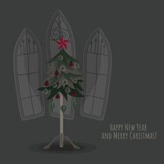 New Year, Gothic Christmas tree decorated with beautiful toys. Happy New Year and Merry Christmas. A postcard for the holiday. A set of Gothic toys. Balloons with plants inside. Florarium. Holiday.