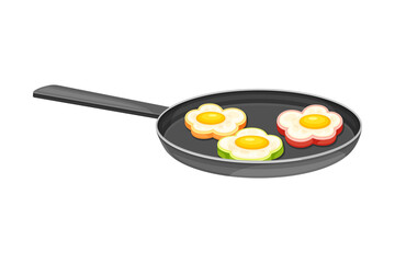 Fried eggs with pepper in frying pan. Tasty food dish for breakfast vector illustration