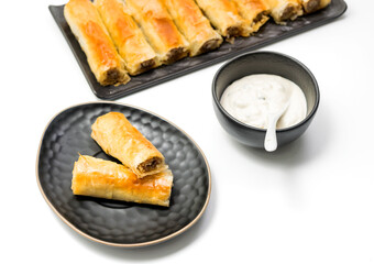 Meat rolls pastry - fried minced pork meat in spring rolls in a black oval plate, isolated on white background with stacks of rolls. Selective focus. Top View
