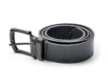 Mens black genuine leather belt Isolated over white background with clipping path included