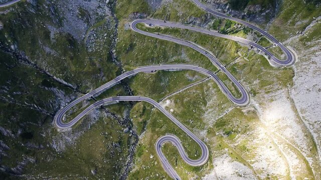 Overhead view of the Transfagarasan road in the Transylvanian Alps in Romania on a semi-cloudy day.