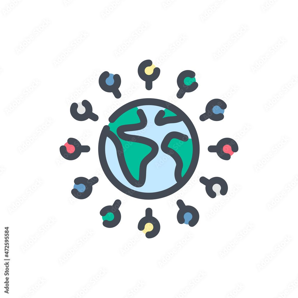 Poster planet earth with location pointers color line icon. globe connection vector outline colorful sign.