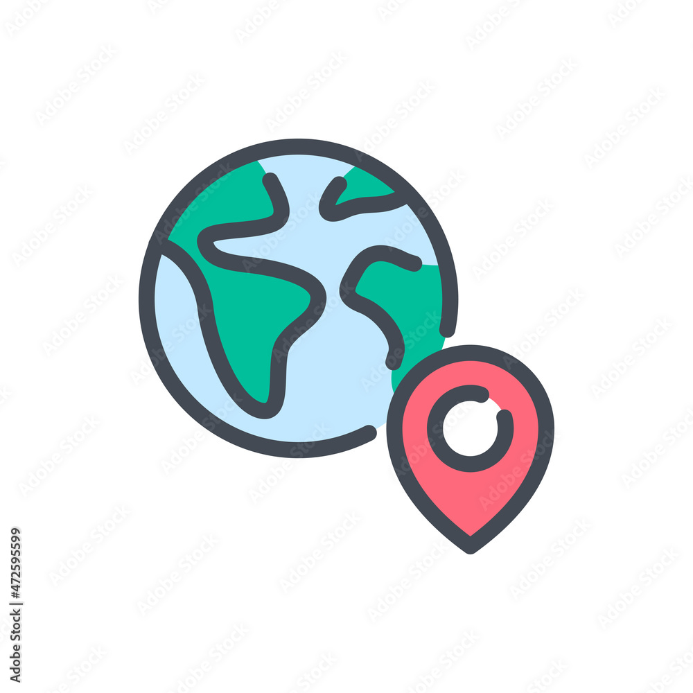 Poster planet earth with pin color line icon. global location with place pointer vector outline colorful si
