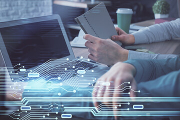 Double exposure of man and woman working together and technology theme drawing hologram. Big data concept. Computer background.