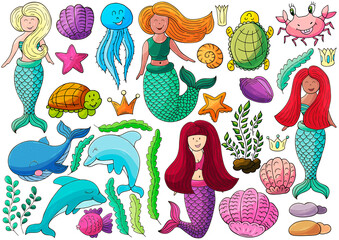 Fototapeta premium Set of illustrations on the marine theme
