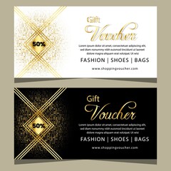 Gift voucher template design in glittery, black and white colors.