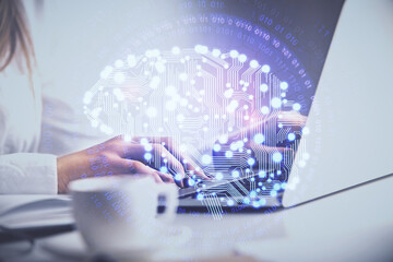 Multi exposure of woman hands working on computer and human brain hologram drawing. Ai tech concept.