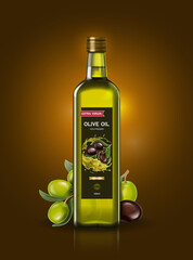 olive oil advertising banner. Olive branch and realistic oil bottle on shiny brown background