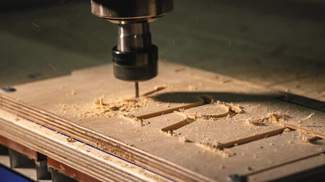 The inscription ART on the board. The milling machine cuts the word ART on the wood plywood. Creation of works of art in industry. The drill cuts fiberboard.