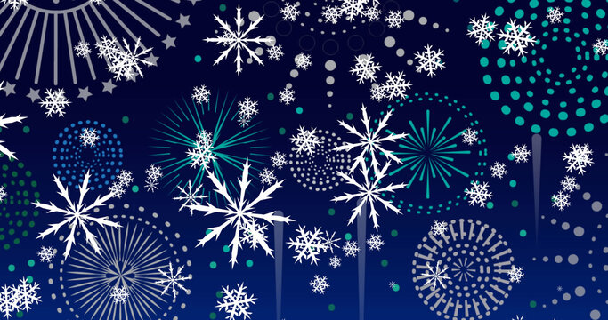 Image of christmas snowflakes and new year fireworks, on blue background