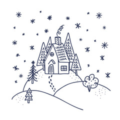 Fototapeta na wymiar House on the Hill Illustration. Doodle Style. Greeting Card Template. Winter Seasonal illustration for print, banner, background, greeting and invitation cards decoration and design