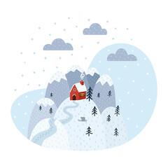 House on the Hill. Flat Style. Winter Seasonal illustration for print, banner, background, greeting and invitation cards design and decoration