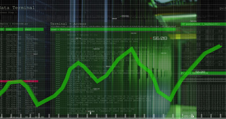 Image of data processing and text over green lights of computer server