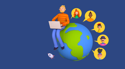 Intercultural communication, interethnic relations, politics of difference. Businessman sits on planet earth with laptop and keeps in touch with diverse business partners.  Trendy 3d illustration