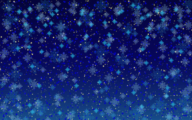 Festive Christmas background with snowflakes on blue background.