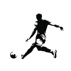 Soccer player kicking ball, abstract isolated vector silhouette, footballer logo, ink drawing, rear view © michalsanca