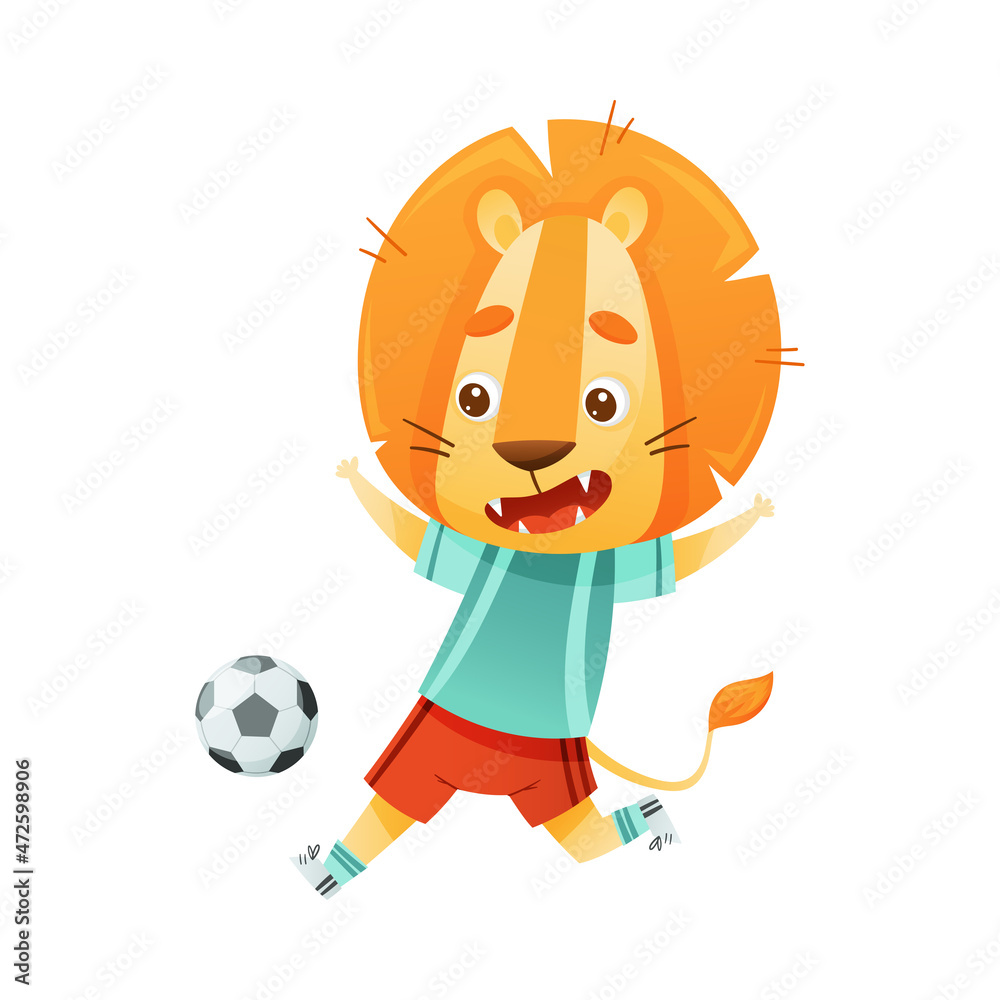 Wall mural lion wild african animal playing soccer. cute football mascot in sports uniform cartoon vector illus