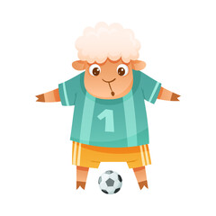Sheep animal playing soccer. Cute football mascot in sports uniform with ball cartoon vector illustration