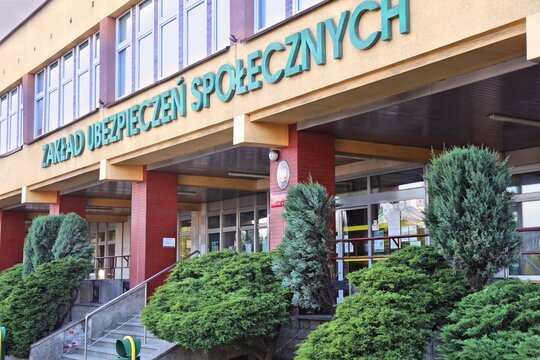 RYBNIK, POLAND - MAY 11, 2021: ZUS building in Rybnik, Poland. ZUS stands for Zaklad Ubezpieczen Spolecznych (Social Insurance Institution), state organization for social insurance matters.