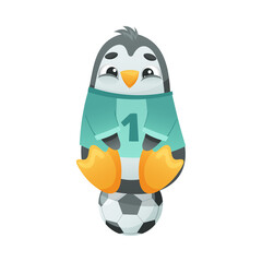 Penguin playing soccer. Cute football mascot in sports uniform with ball cartoon vector illustration