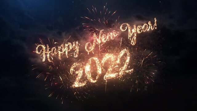 2022 Happy New Year greeting text with particles and sparks on black night sky with colored slow motion fireworks on background, beautiful typography magic design.