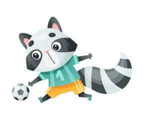 Raccoon wild animal playing soccer. Cute football mascot in sports uniform with ball cartoon vector illustration