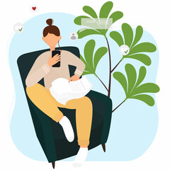 concept of communication and correspondence via mobile. A woman sits on a chair and holds a smartphone in her hands and conducts business correspondence from home. Vector illustration