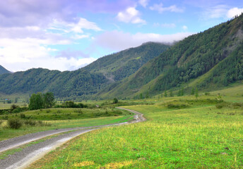 Fototapeta na wymiar A country road in the Altai mountains