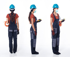 Asian 20s woman wear blue uniform orange shirt hardhat and glove as electric fix repair guy cable