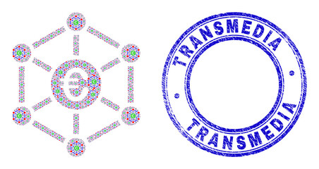 Vector euro network icon mosaic is designed with randomized self euro network pictograms. Transmedia scratched blue round stamp seal. Recursion mosaic for euro network icon.