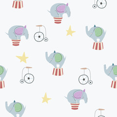 Seamless pattern with cute cartoon elephant. Vector background.