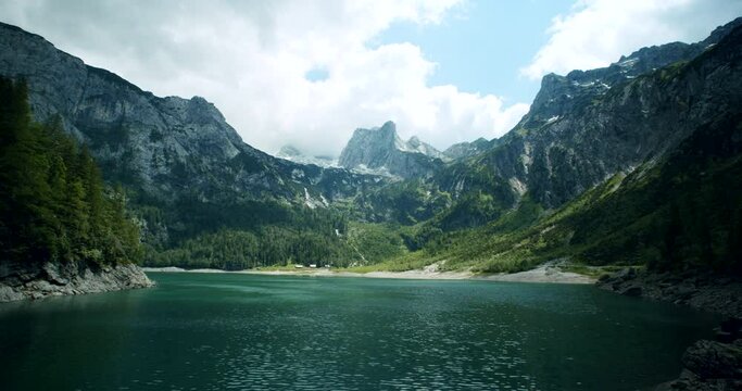 View of Dachstein from the lake Hinterer Gosausee lake, Upper Austria