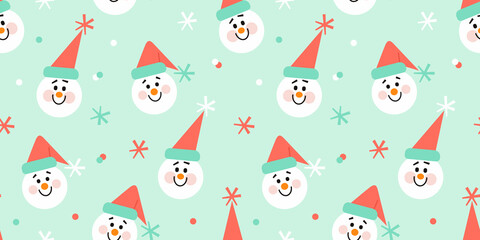 Seamless vector pattern with cute snowmen and snowflakes. Funny colorful winter pattern. Winter festive background for print, wrapping paper, textile, etc.