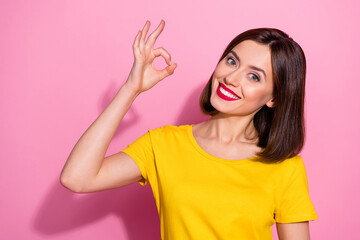 Portrait of attractive cheerful girl wear yellow tshirt showing ok-sign ad perfect isolated over...