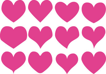 A set of pink hearts of different shapes. Vector flat illustration.
