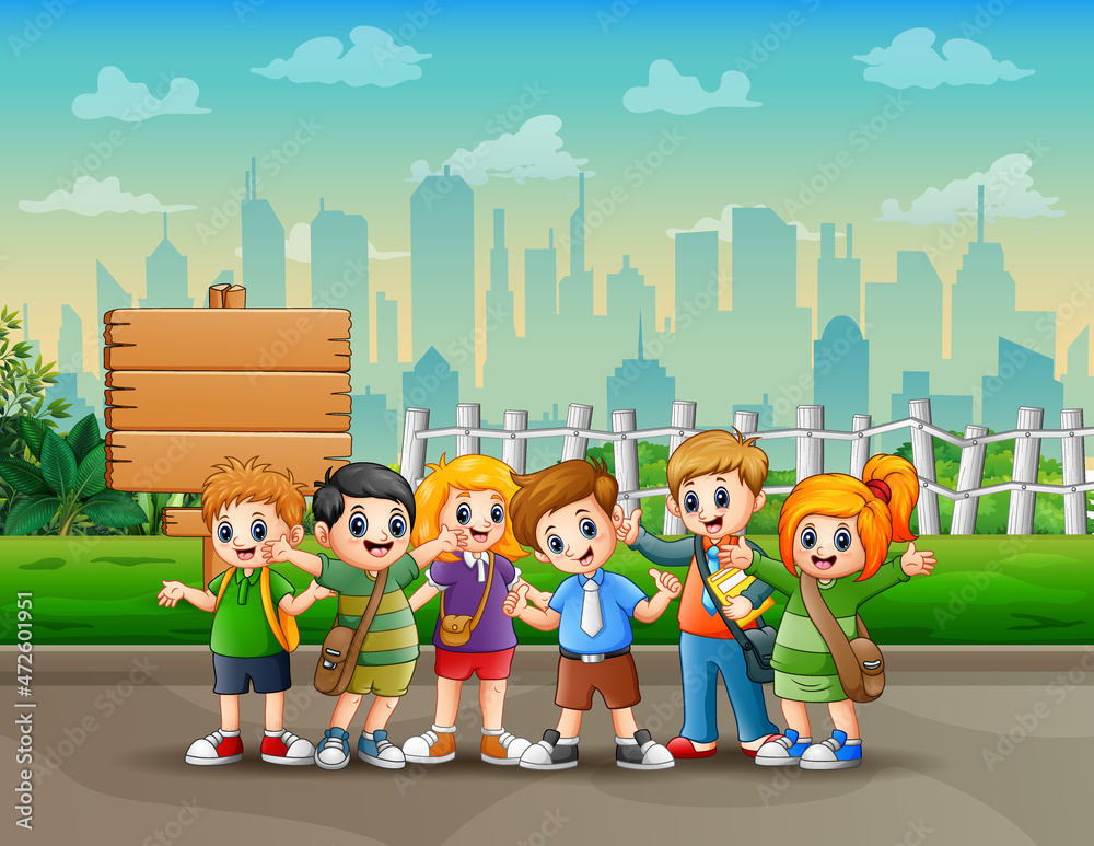 Wall mural cartoon illustration the school children on the road