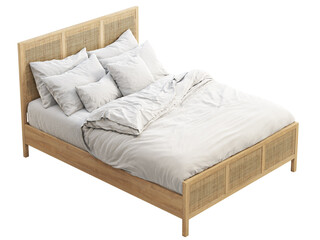 Mid-century wooden double bed with wicker headboard and footboard. 3d render.