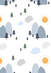Cute Simple Illustration and Seamless Pattern with Blue Moutain, Smiling Sun and Cloudy Sky. Abstract Infantile Style Mountain and Hand Drawn Trees on a White Background. Kids Room Decoration.