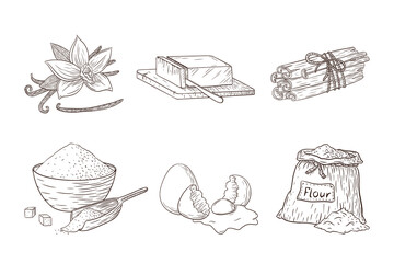 Baking Ingredients Engraved Illustrations Set. Collection of hand drawn food sketches for logo, recipe, sticker, print, bakery menu design and decoration
