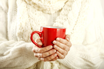 Woman hands and mug with hot drink 
