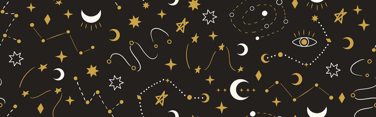 Fototapeta premium Seamless space banner with celestial symbols of stars, moon, constellation. Vector cosmic background with doodle elements. Hand drawn mystical universe pattern